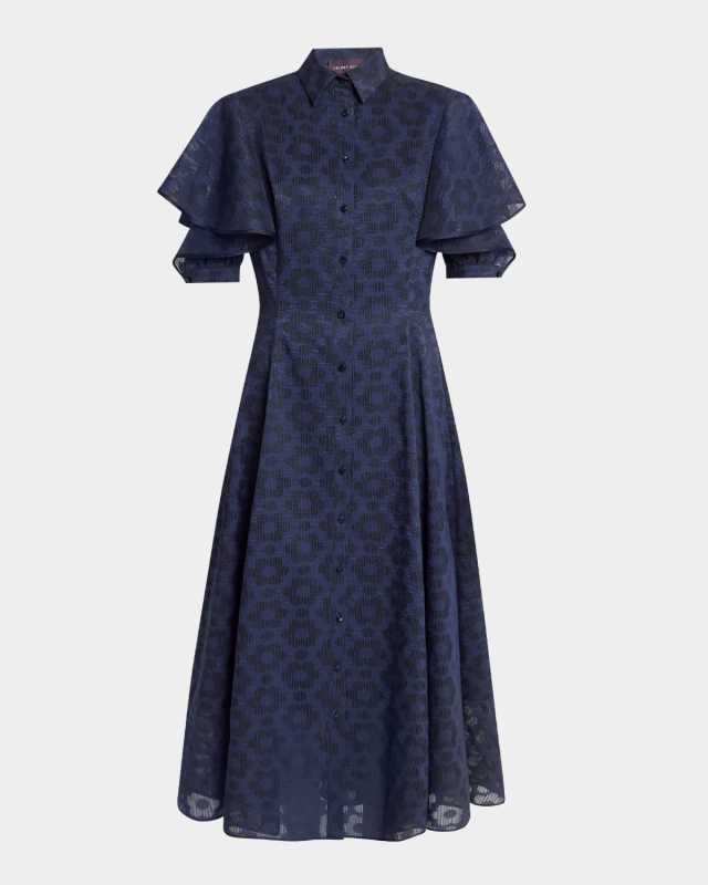 Pril Flower Organdy Flounce-Sleeve Midi Shirtdress